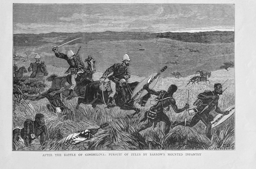 After the Battle of Ginghilova ;  Pursuit of Zulus by Barrow's Mounted Infantry.  1879.