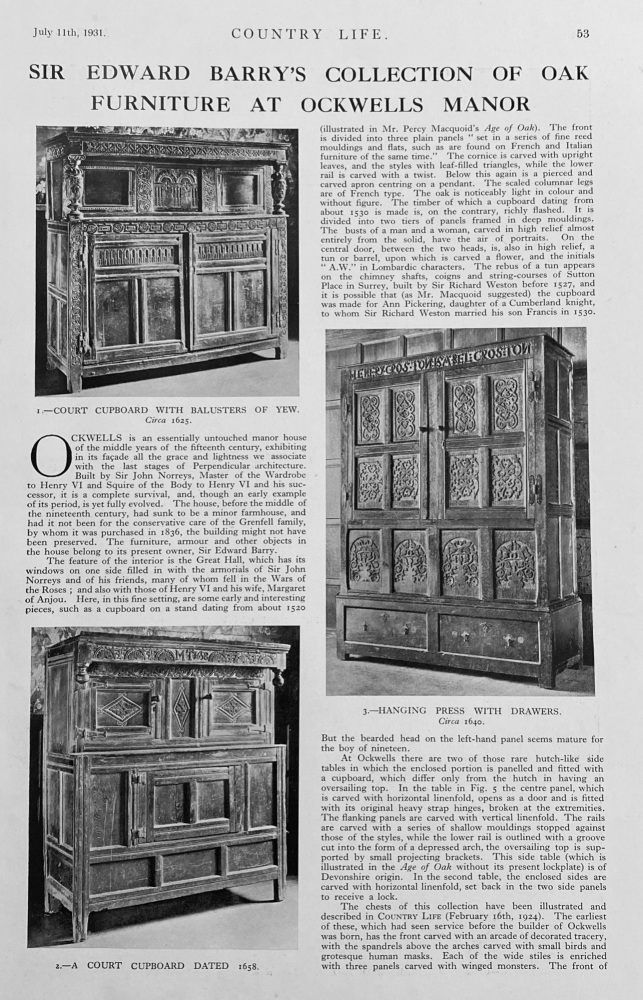 Sir Edward Barry's Collection of Oak Furniture - 1931