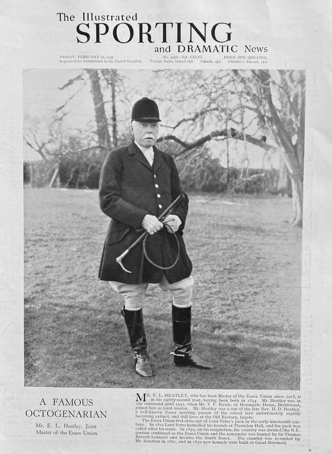 Mr E L Heatley - Master of the Essex Union Hunt - 1935