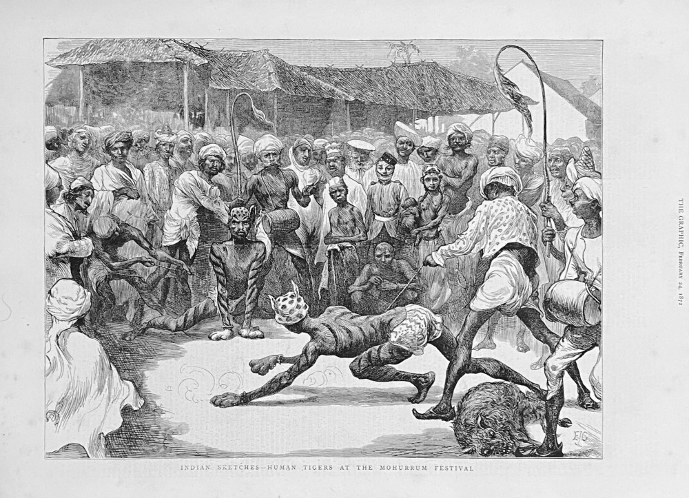 Indian Sketches - Human Tigers at the Mohurrum Festival.  1872.