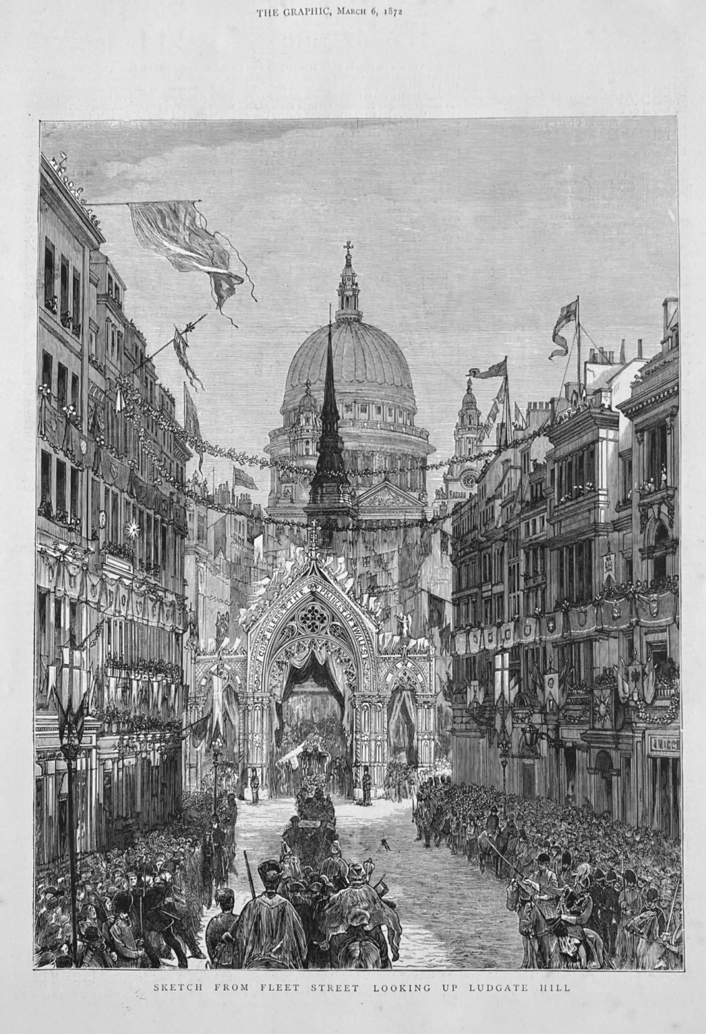 Sketch from Fleet Street Looking up Ludgate Hill. (Thanksgiving Day)  1872.