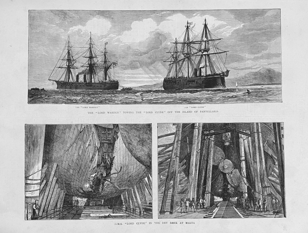 The "Lord Warden" Towing the "Lord Clyde"  off the Island of Pantellaria.  1872.