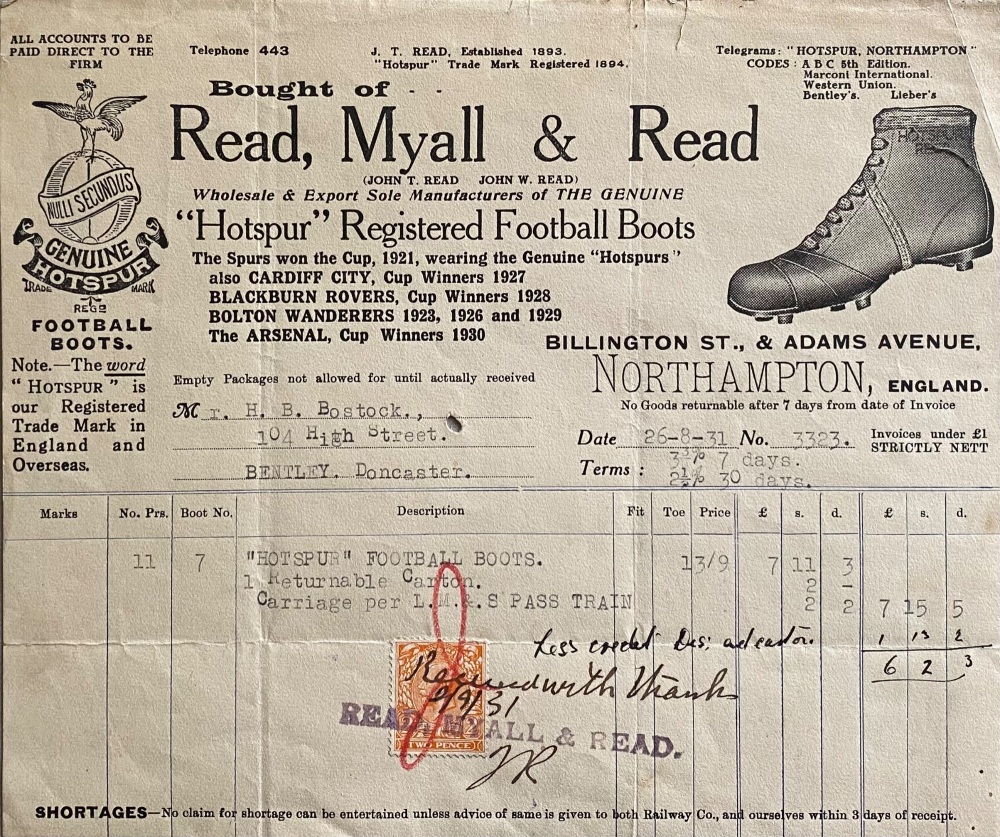 "Hotspur" Registered Football Boots.  1931.