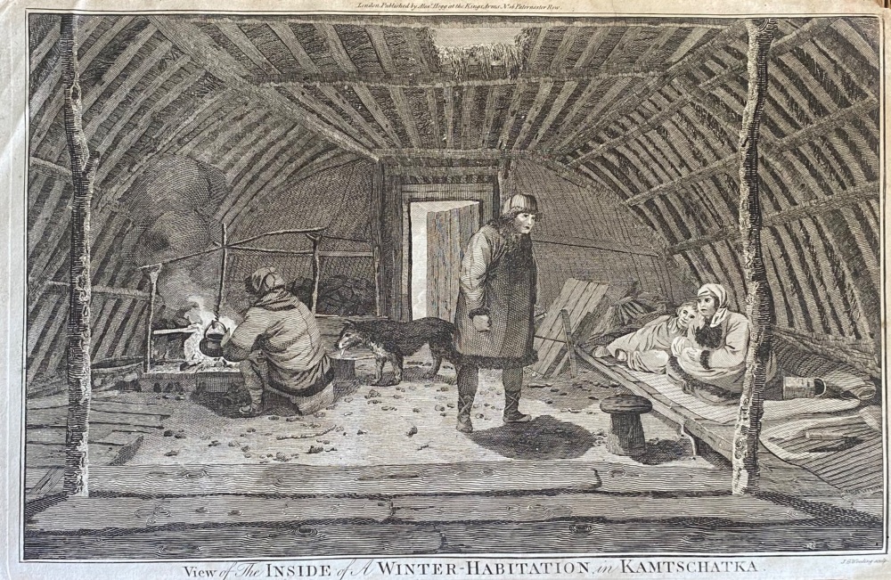 View of the INSIDE of a WINTER-HABITATION, in KAMTSCHATKA.  1784 - 1786