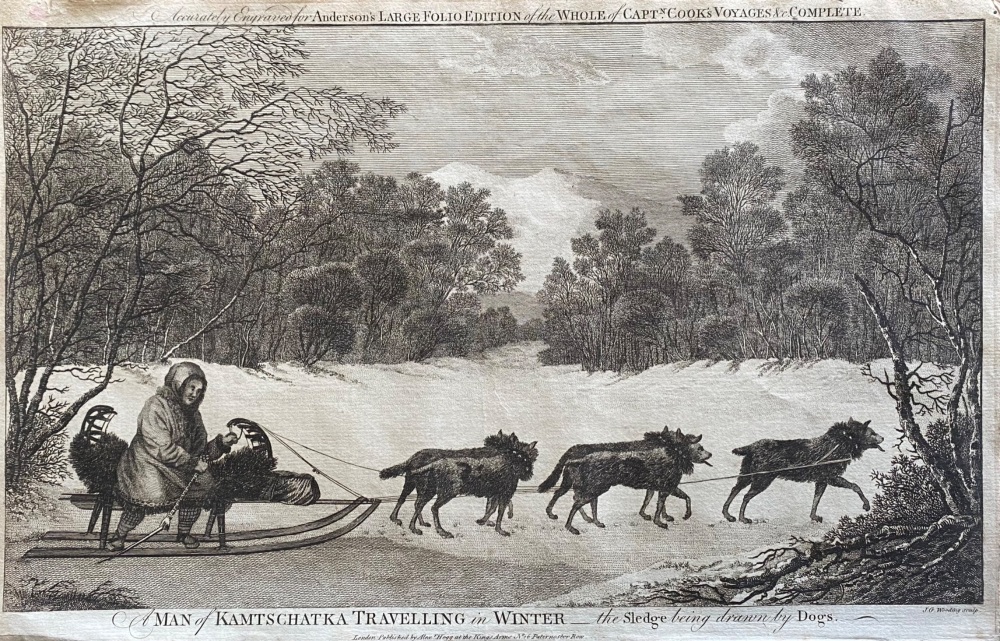 A MAN of KAMTSCHATKA  TRAVELLING in WINTER- the Sledge being drawn by Dogs.  1784 - 1786