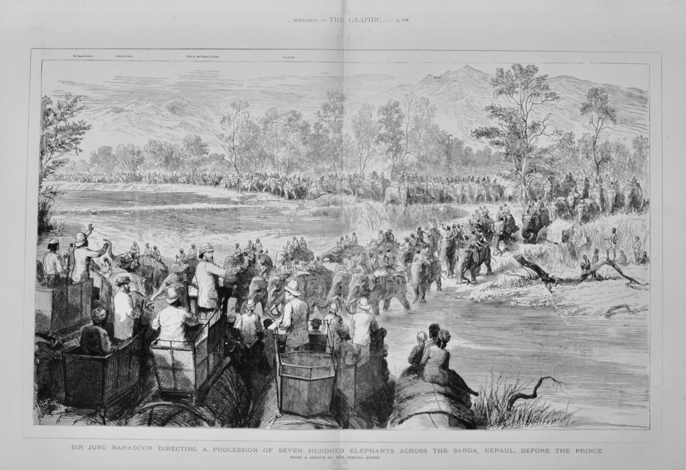 Sir Jung Bahadoor directing a procession of 700 Elephants across the Sarda, 1876