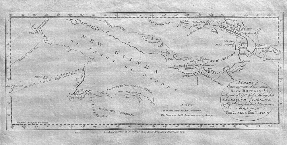 A Chart of Capt. Carteret''s Discoveries at NEW BRITAIN, with part of Capt. Cook's passage thro ENDEAVOUR STREIGHTS.& of Capt." Dampier's Tract & Disc
