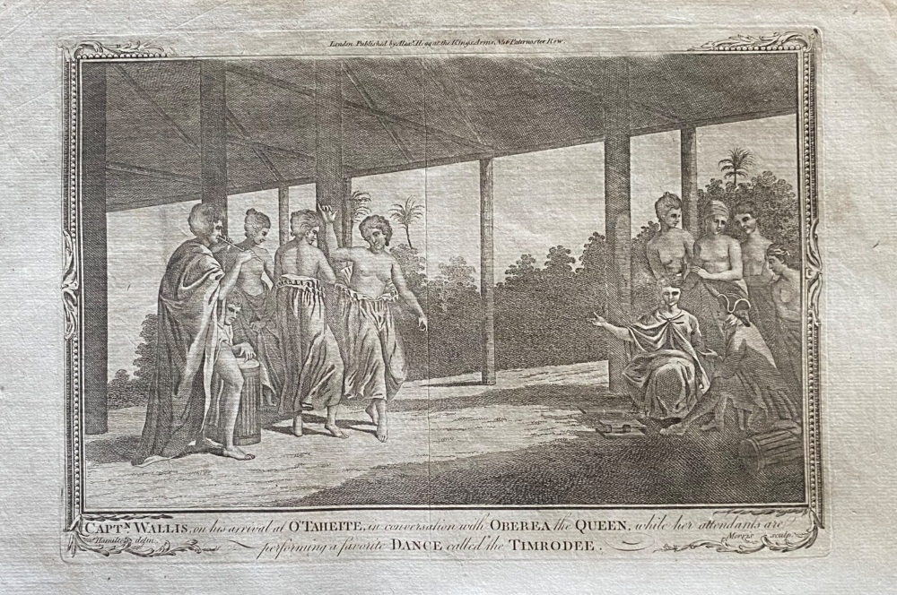 CAPT. WALLIS on his arrival at O'TAHEITE, in conversation with OBEREA the QUEEN, while her attendants are performing a favourite DANCE called the TIMR