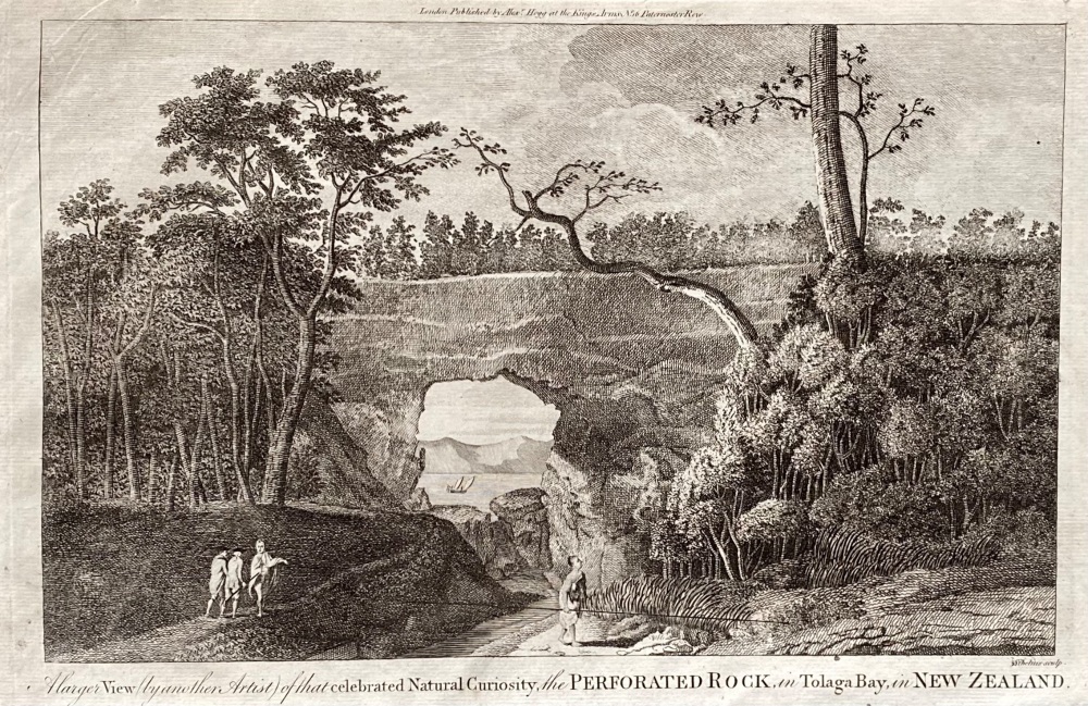 A larger View (by another Artist) of that celebrated Natural Curiosity the PERFORATED ROCK, in Tolaga Bay, in NEW ZEALAND.