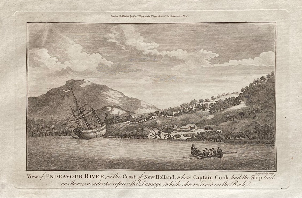 View of ENDEAVOUR  RIVER, on the Coast of NEW HOLLAND, where CAPTAIN COOK had the ship laid on Shore, in order to repair the Damage which she received