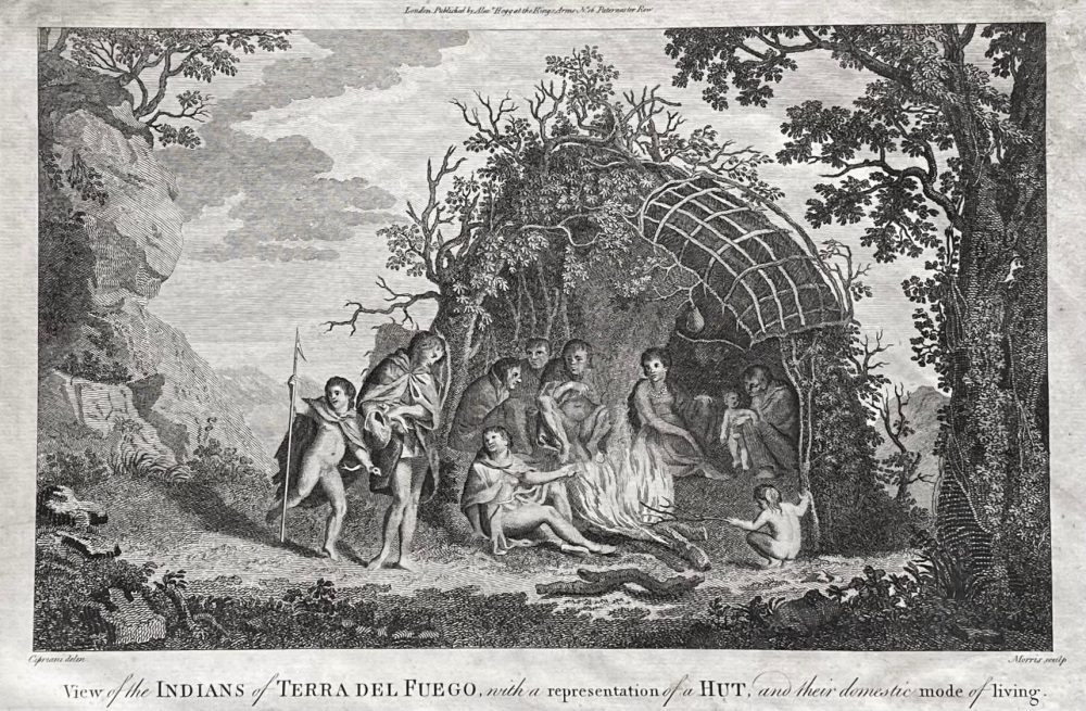 View of the INDIANS of TERRA DEL FUEGO, with a representation of a HUT, and their domestic mode of living.  1784 - 1786
