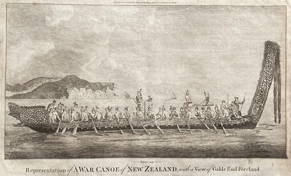Representation of A WAR CANOE of NEW ZEALAND, with a VIEW of Gable End Foreland.  1784 - 1786