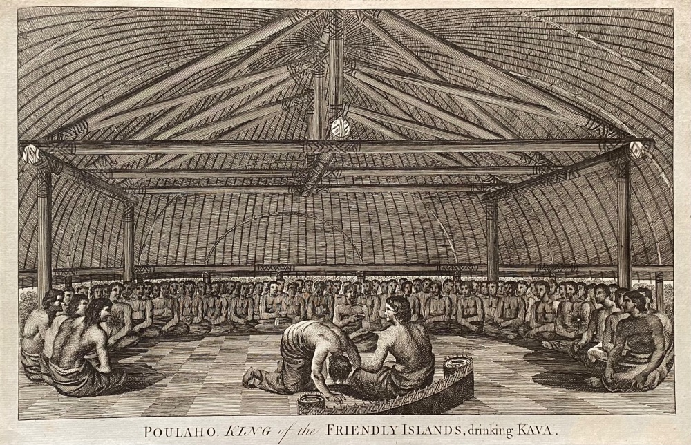 POULAHO, King of the FRIENDLY ISLANDS, drinking KAVA.  1784 - 1786