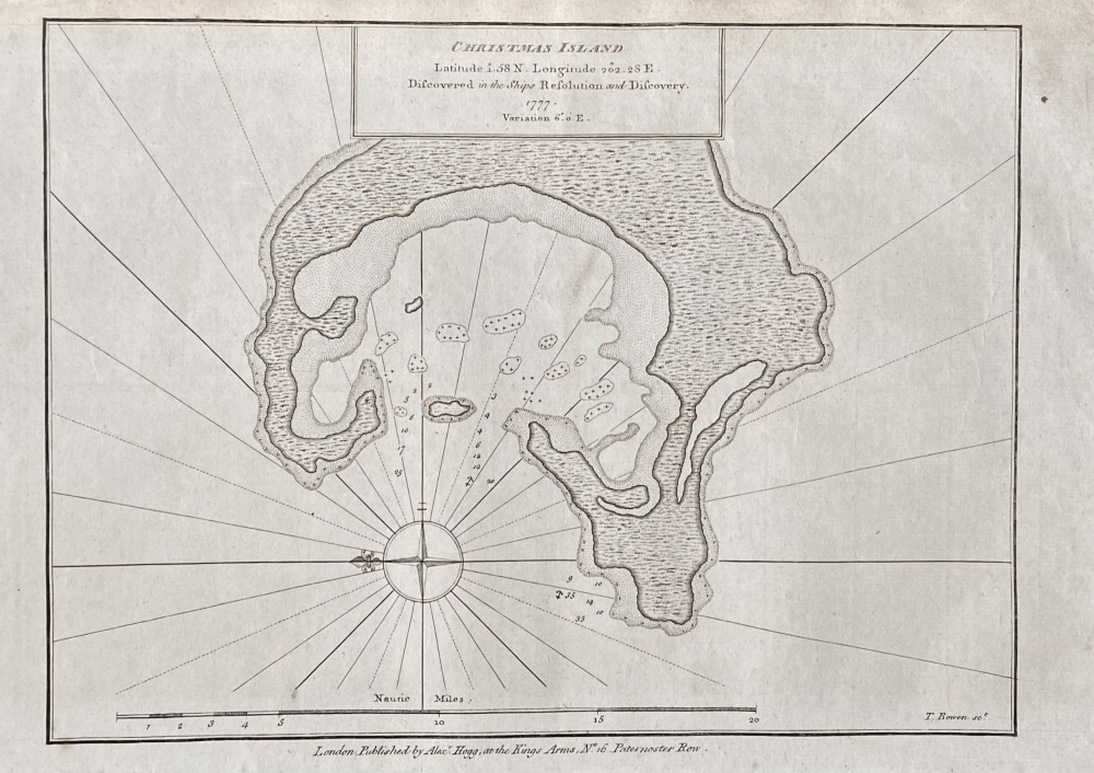 Christmas Island  Latitude 1&deg;.58 N,  Longitude 2 0&deg; 2. .  2SE.. Discovered in the Ships Resolution and Discovery.  1777.