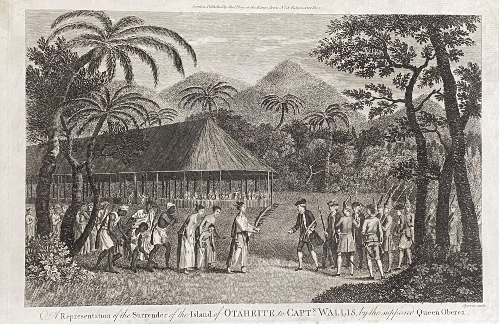 A Representation of the Surrender of the Island of OTAHEITE to CAPT.  WALLIS, by the supposed Queen Oberea."  1784-86.