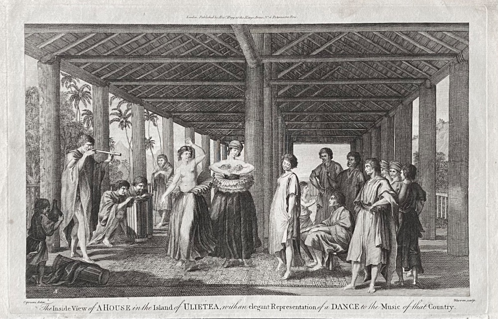 The Inside View of A HOUSE in the Island of ULIETEA, with an elegant Representation of a DANCE to the Music of that Country.  1784-86.