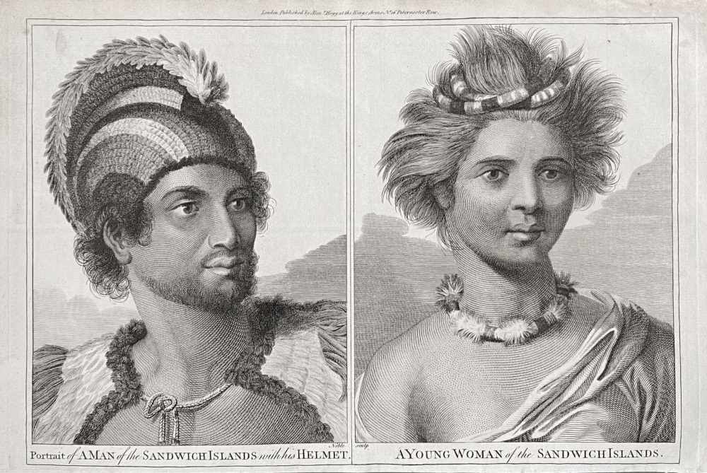 Portrait of A MAN of the SANDWICH  ISLANDS with his HELMET.  &  A  YOUNG  WOMAN  of the  SANDWICH  ISLANDS.  1784-86.