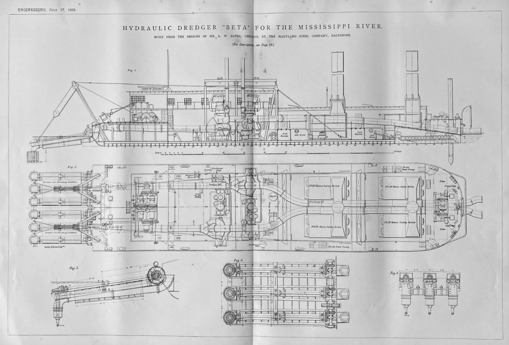 Hydraulic Dredger "BETA"  for the Mississippi River.  1896.