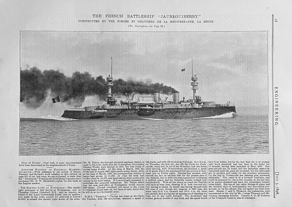 The French Battleship  "Jaureguiberry."  1896.