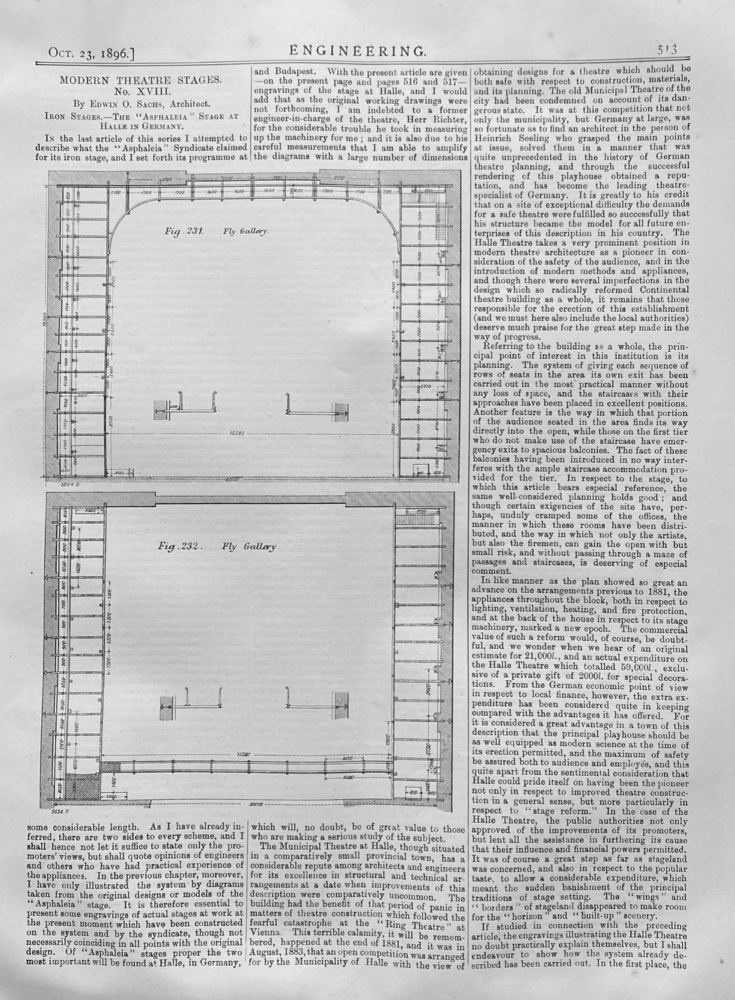 Modern Theatre Stages.  No. XVIII.  Iron Stages.- The "ASPHALEIA"  Stage at Halle in Germany.  1896.