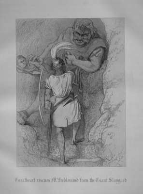 Greatheart rescues Mr. Feeblemind from the Giant Slangood. (Pilgrim's Progress)