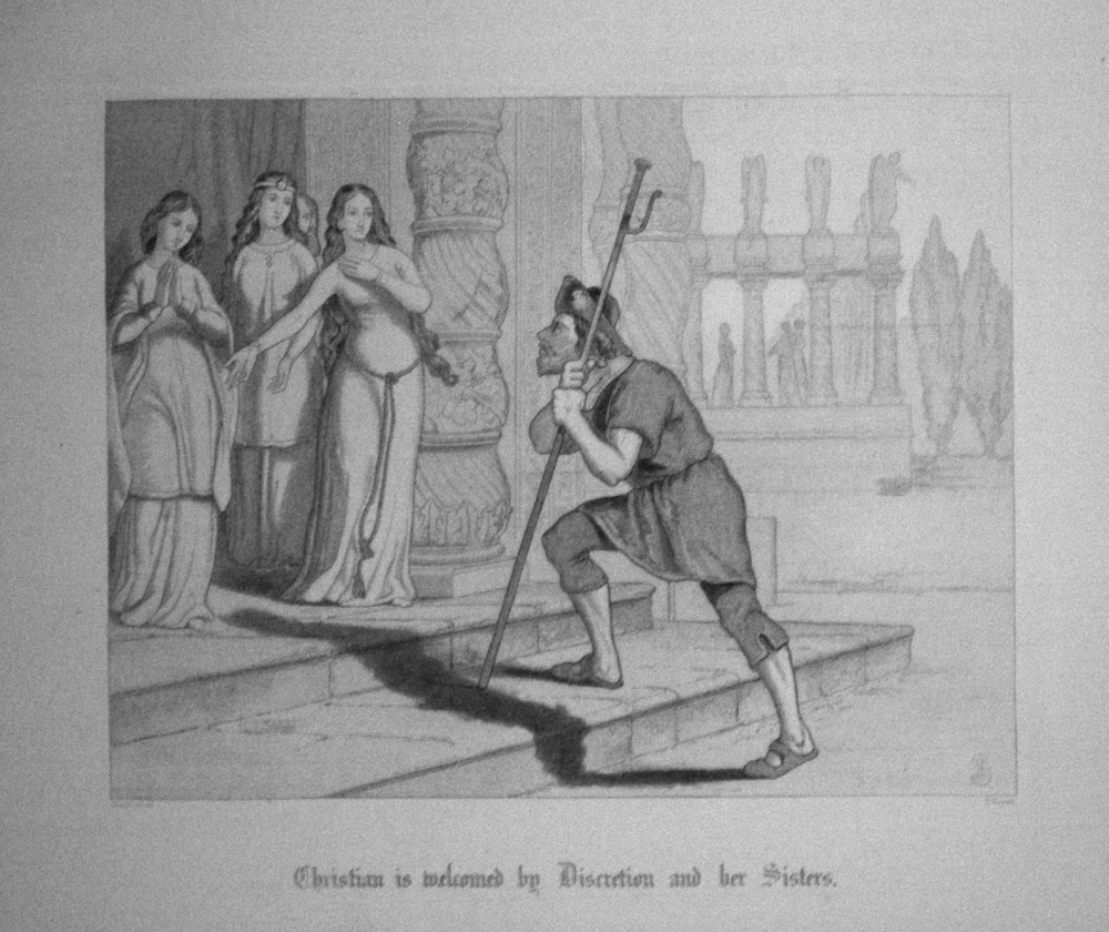 Christian is welcomed by Discretion and her Sisters. (Pilgrim's Progress)