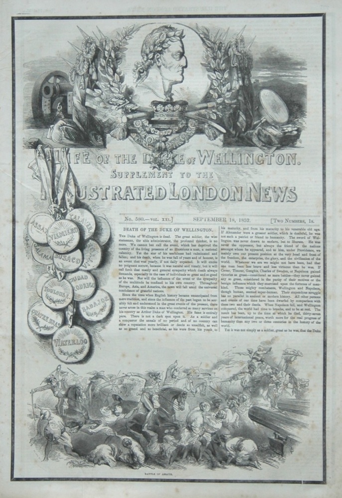 Illustrated London News : Life of The Duke of Wellington. (Supplement) 18th Sept 1852.