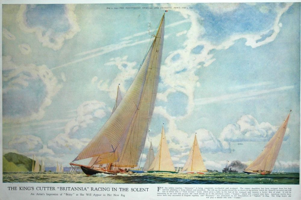"The King's Cutter "Britannia" Racing in the Solent."  1935.