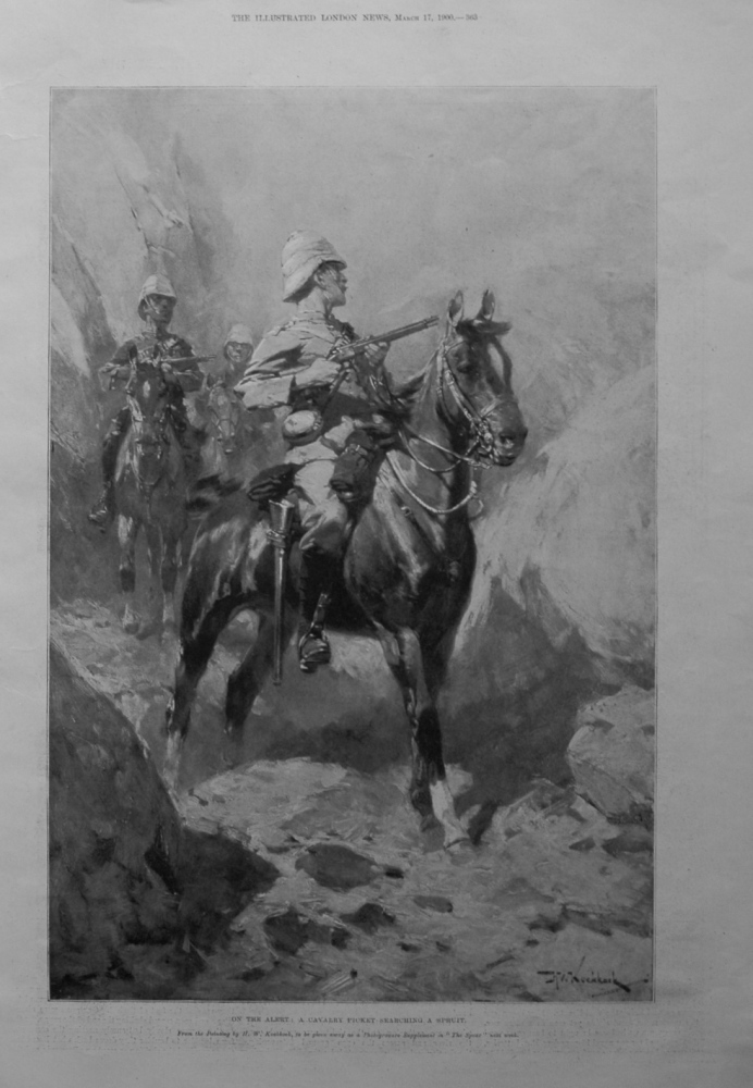 On the Alert : A Cavalry Picket Searching a Spruit. 1900