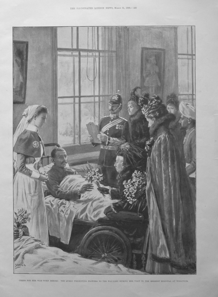 Cheer for Her War-Worn Heroes : The Queen Presenting Flowers to the Wounded during her visit to the Herbert Hospital at Woolwich. 1900