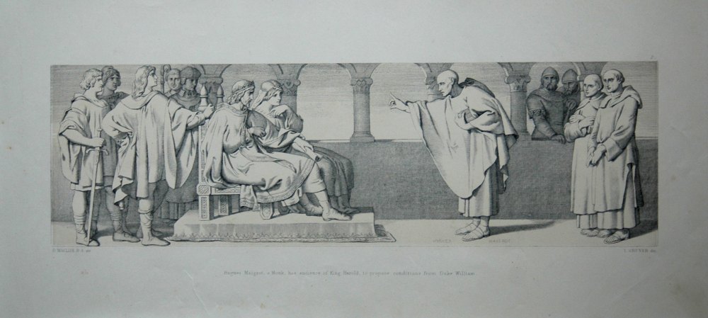 Hugues Maigrot, a Monk, has audience of King Harold, to propose conditions from Duke William.