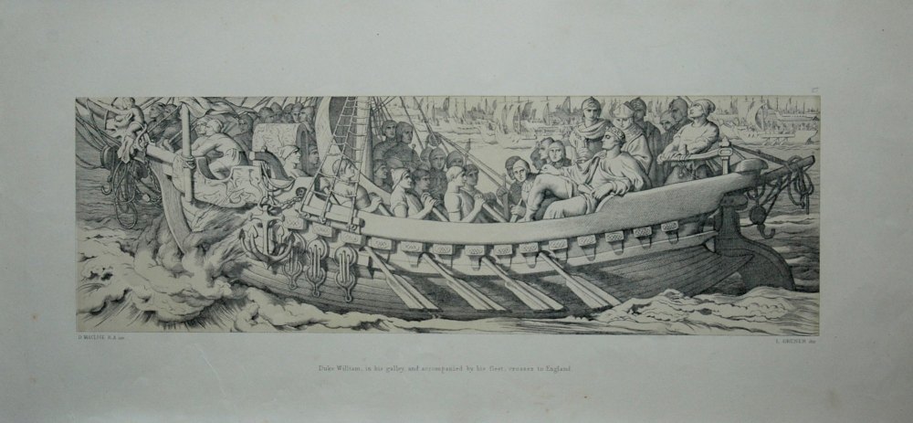 Duke William, in his galley and accompanied by his fleet, crosses to Englan