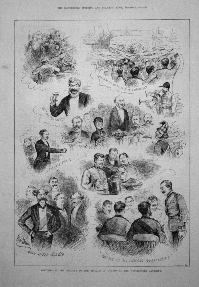 Sketches at the Banquet to the Brigade of Guards at the Westminster Aquarium. 1882