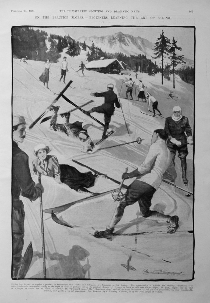 On the Practice Slopes . - Beginners Learning the Art of Ski-ing. 1909