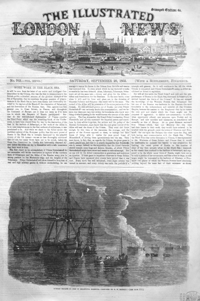 Russian Frigate on Fire in Sebastopol Harbour. - Sketched by O.W. Brierly. 1855