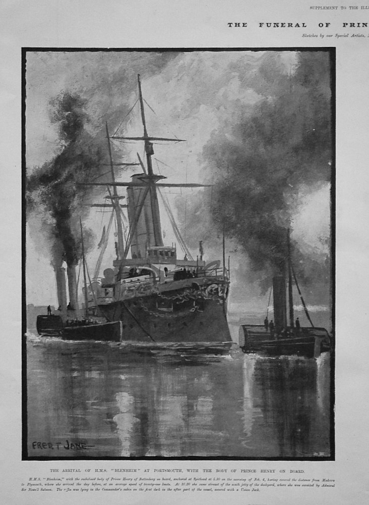 The Arrival of H.M.S. "Blenheim" at Portsmouth, with the Body of Prince Henry on Board. 1896