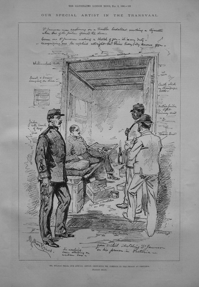 Sketching Dr. Jameson in the Prison at Pretoria.  by  (Our Special Artist in the Transvaal. 1896. Melton Prior).