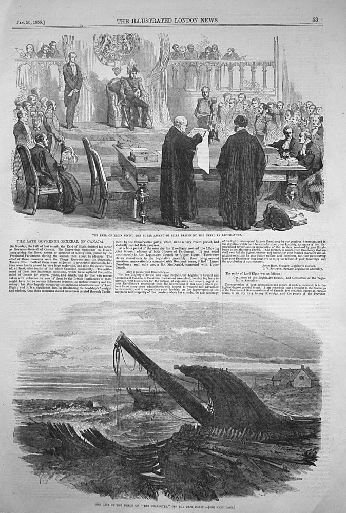 The Earl of Elgin giving the Royal Assent to Bills Passed by the Canadian Legislature. 1855