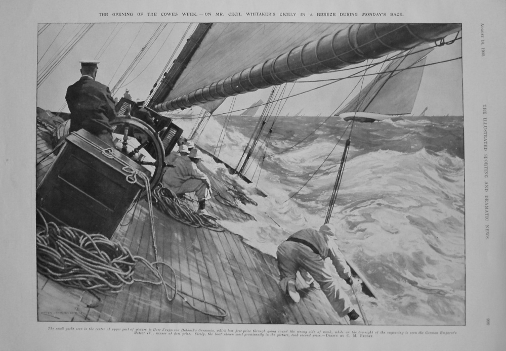 Opening of the Cowes Week. - On Mr. Cecil Whitaker's Cicely in a Breeze during Monday's Race. 1909