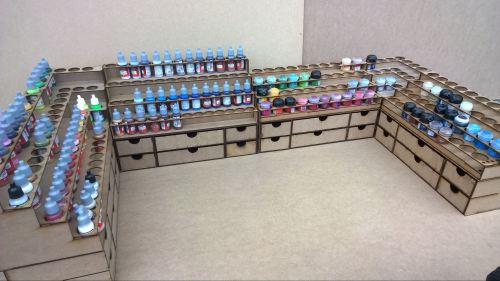 Desk set up - 4 x draws 4 x paint racks and 2 x corner units.