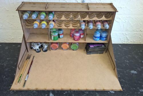 Workstation with paint rack and shelves 