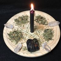 A Rustic Hand Crafted Wooden Spell Casting Plate with Pentagram