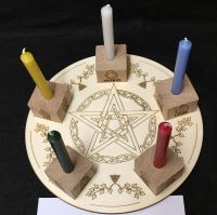 Handcrafted Ivy Pentagram Altar Board and Runic Elements Candle Holders