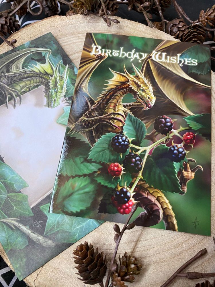 Stunning Dragon and Blackberries Birthday Card by Anne Stokes