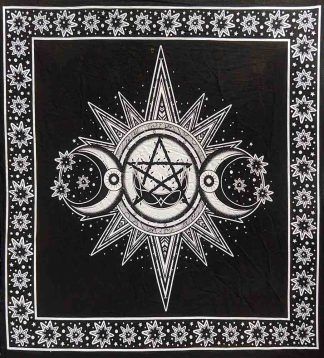Sun, Triple Moon and Pentagram Altar Cloth ~ Black and White