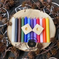 12 Spell Candles (10cm) in 12 colours incl 2 Candle Holders