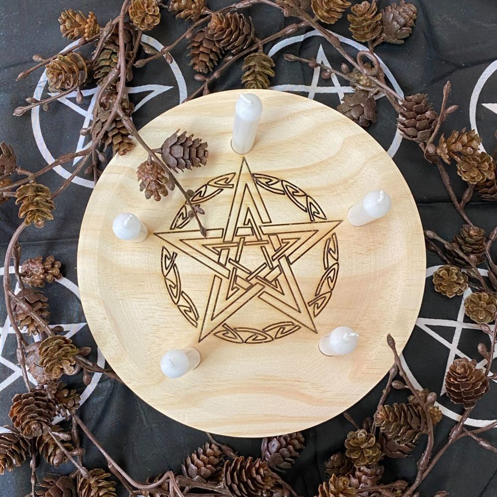 A Rustic Hand Crafted Wooden Spell Casting Plate with Celtic Pentagram