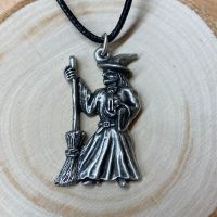 Pewter Witch and Broom Pendant with Black Cord Necklace ~ SALE