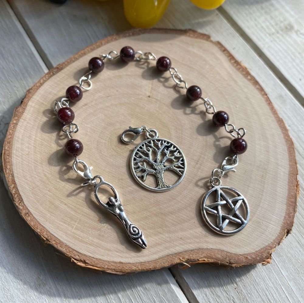 Garnet Spell Beads with Pentagram, Goddess and Tree of Life Charms