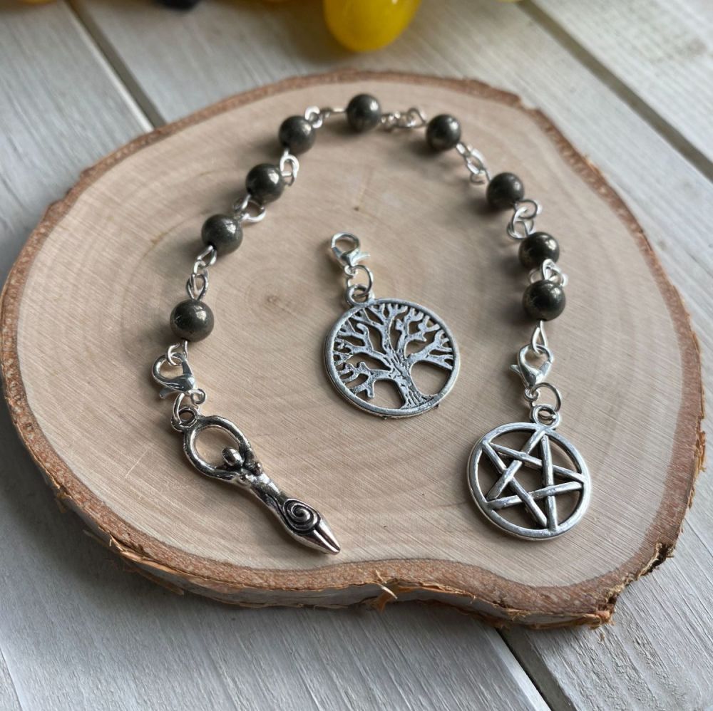 Pyrite Spell Beads with Pentagram, Goddess and Tree of Life Charms